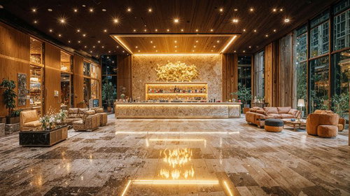 大きな窓から自然光が差し込む木目調の高級ホテルレストラン