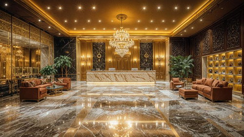 金色の照明が映える大理石床のラグジュアリーホテルロビー