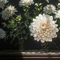 透明ガラス花瓶に生けた白いダリアの花束の写真