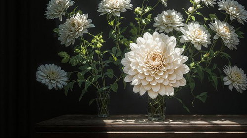 透明ガラス花瓶に生けた白いダリアの花束