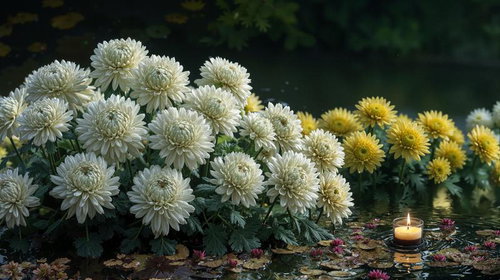 水辺に咲く菊と祈りの灯火