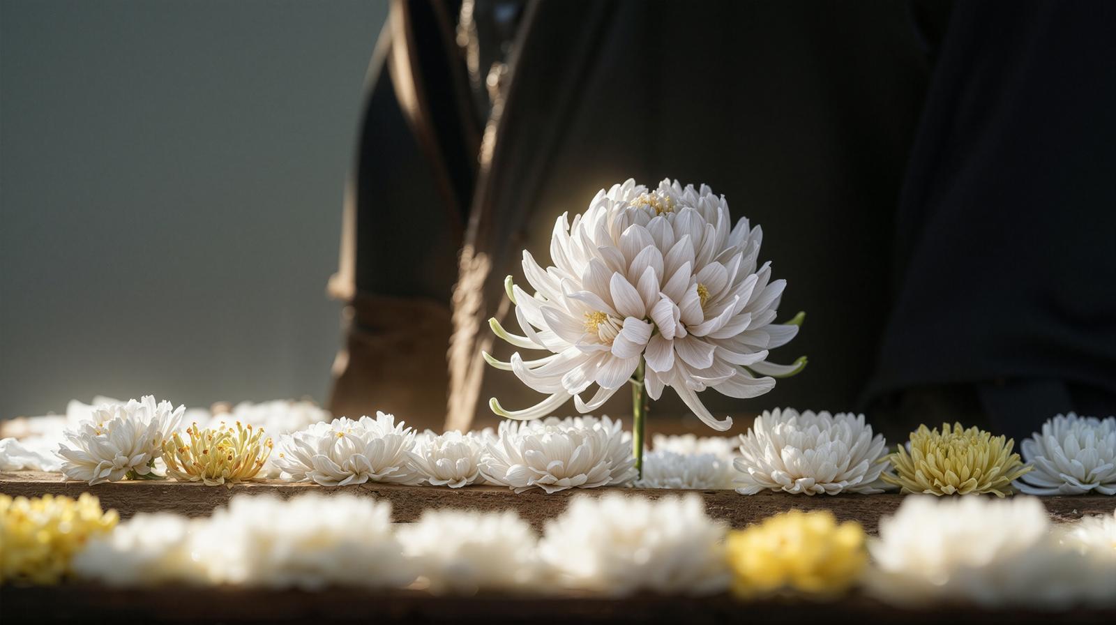 木製台に横に並べられた白い菊の花の中央に一輪だけ立つ菊