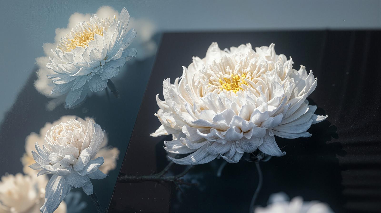 White large-flowered chrysanthemum placed on a black mirrored surface, with visible yellow flower centers