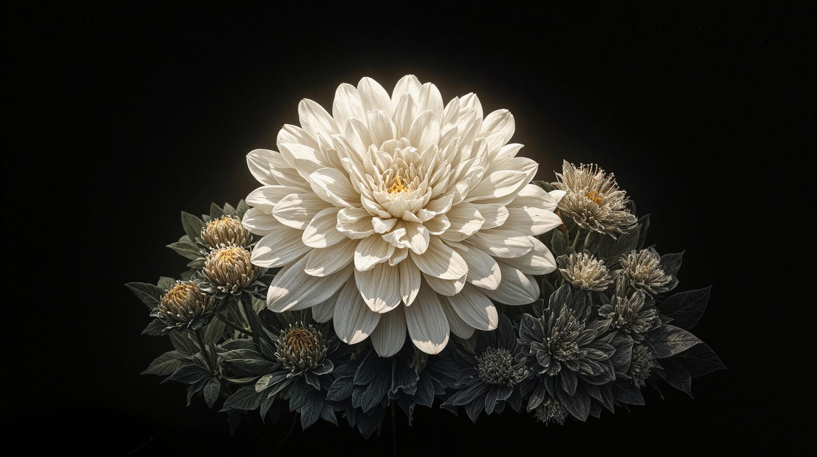 White dahlia-like flower against a black background