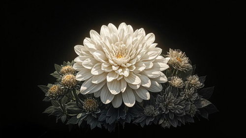 黒背景に映える純白のダリア