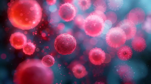 赤く光る細胞とウイルスの宇宙-ミクロな生命の立体表現