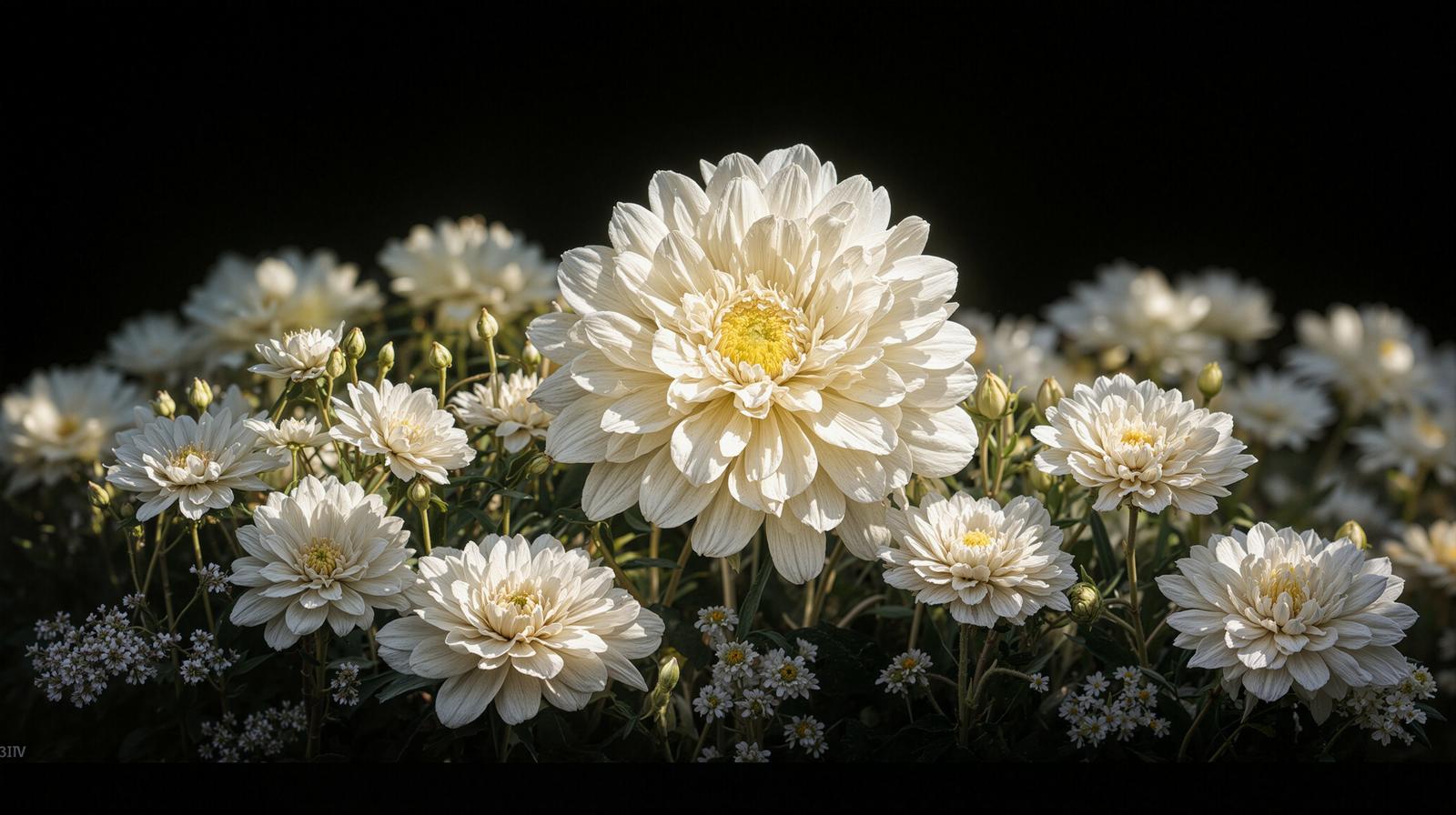 白いダリアの花が複数咲いている花畑の様子