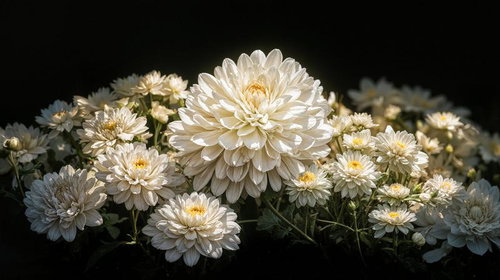 黒い背景に咲く白菊のクローズアップ