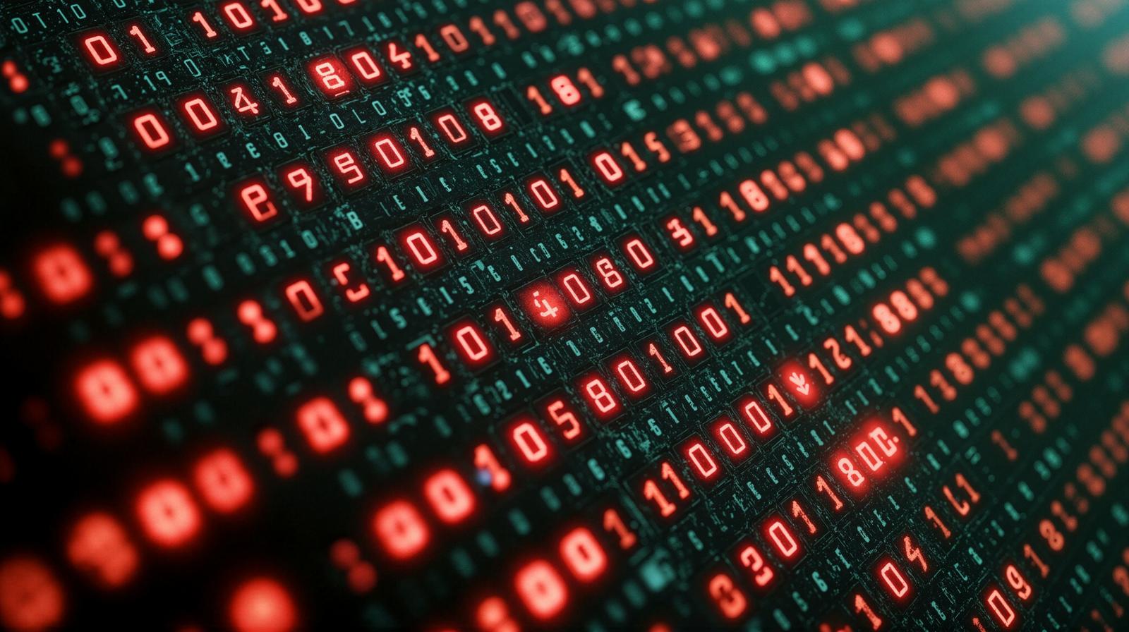 緑の背景に赤く光るバイナリコードと数字が並ぶデジタル空間