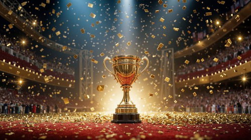 華やかな紙吹雪に包まれた優勝カップ