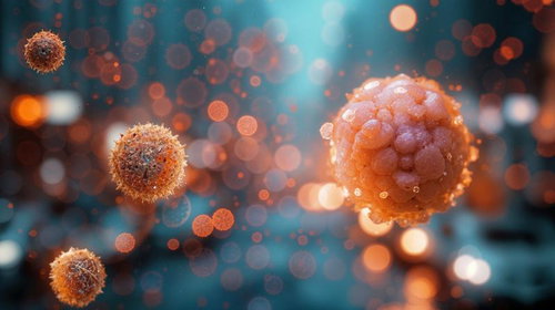 ウイルスと細胞のCG画像（医療・生命科学）