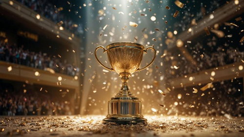 黄金のトロフィーと舞い上がる紙吹雪