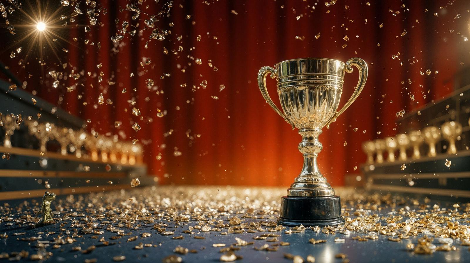 A silver trophy on a stage with golden confetti falling around it