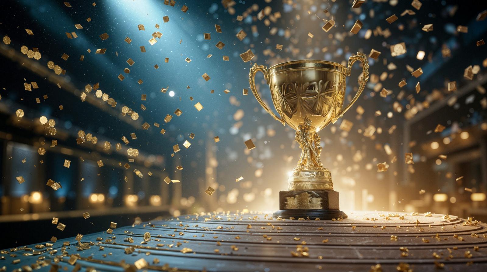 Golden trophy on stage with falling golden confetti