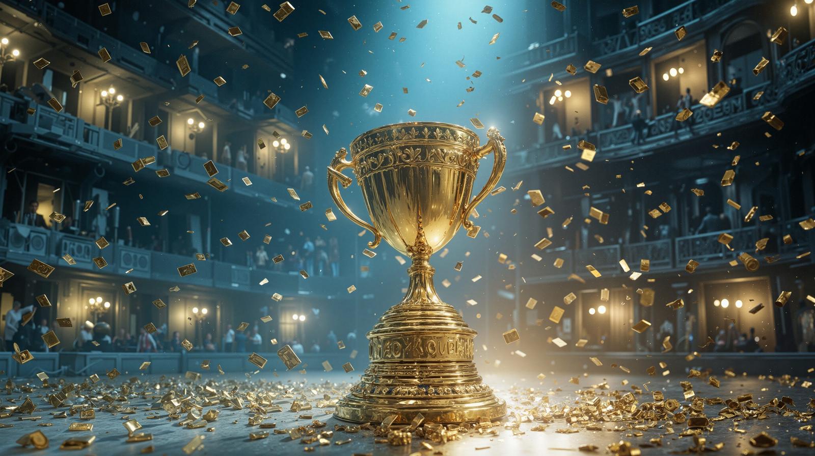 A golden trophy under the spotlight with swirling confetti in a theater