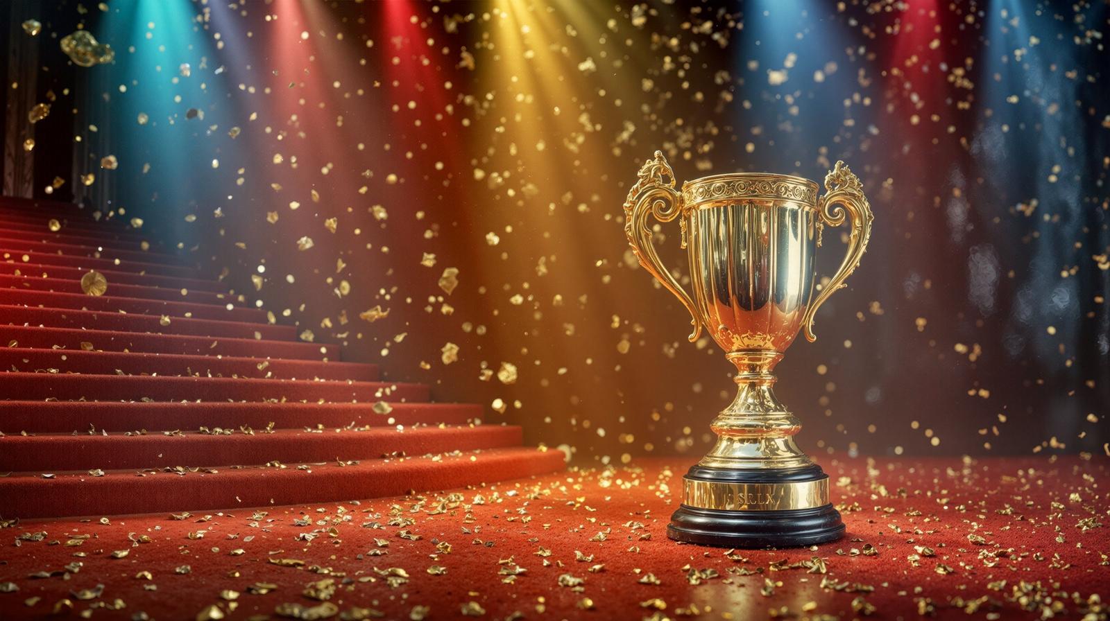 Golden trophy on a red carpet stairs with falling confetti