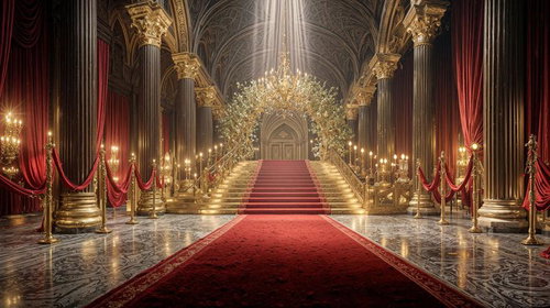 大広間に設けられたレッドカーペットと大階段