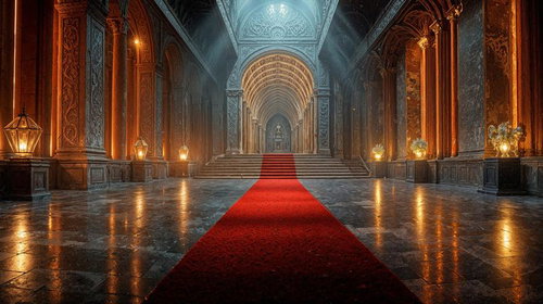金の装飾とレッドカーペットが敷かれた宮殿風クラシカルホール