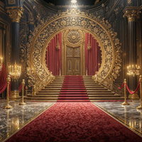 大理石の床に敷かれた赤い絨毯が引き立つ豪華なアーチ型ホールの写真