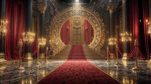 大理石の床に敷かれた赤い絨毯が引き立つ豪華なアーチ型ホール