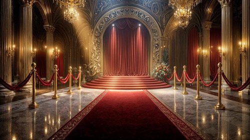 金色装飾アーチと赤絨毯が敷かれた宮殿風エントランスホール