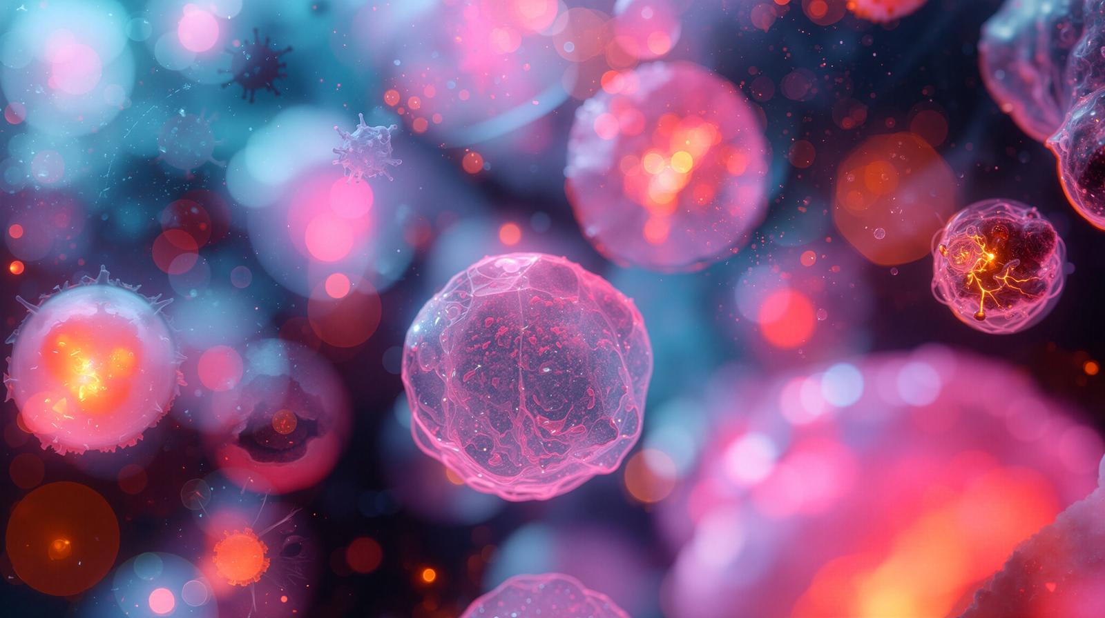 ピンクと青に光る透明な球体が暗い空間に浮遊している様子