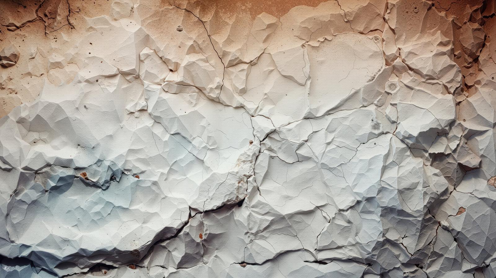 An old wall surface with peeling white paint and spreading cracks