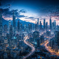 夜間のビジネス街を照らす高層ビル群の都市景観と光の流れの写真