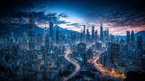 夜間のビジネス街を照らす高層ビル群の都市景観と光の流れ