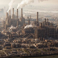 煙突から煙が上がる大規模工場地帯の俯瞰の写真