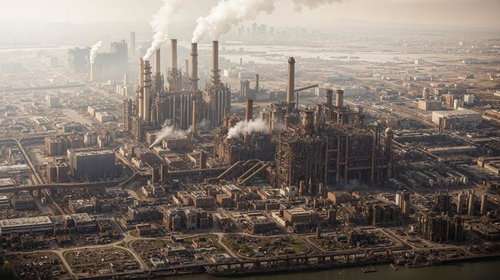 白煙が立ちのぼる湾岸コンビナートの航空写真