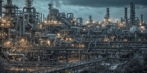 無数の配管と鉄骨が複雑に絡み合う巨大な工業プラント