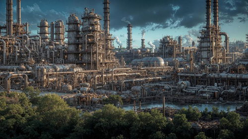 緑地帯の向こうにそびえる重工業プラント施設