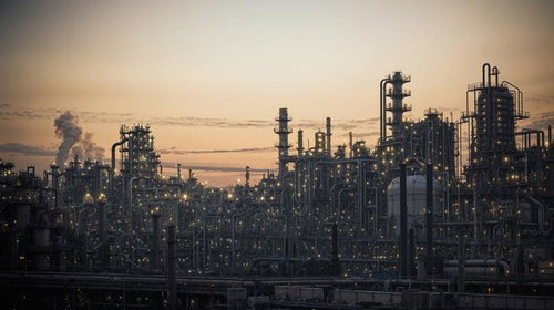 夕暮れの空に浮かぶ工場群のシルエット