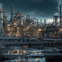 夜の水面に映える工場灯が生み出す産業夜景の写真