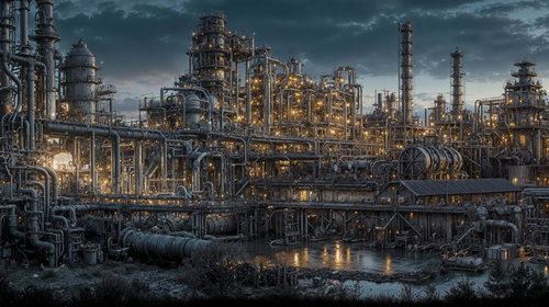 複雑な配管群が立体的に広がる重工業施設