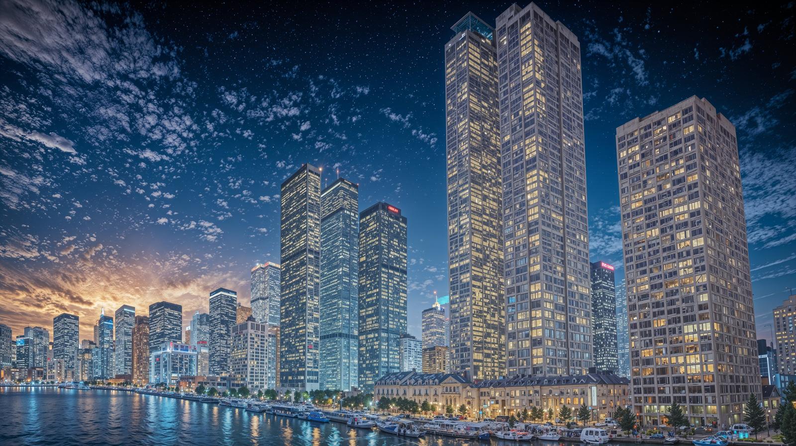 Multiple glass-clad skyscrapers standing against a blue sky