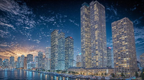 夕暮れ時のウォーターフロント高層ビル群