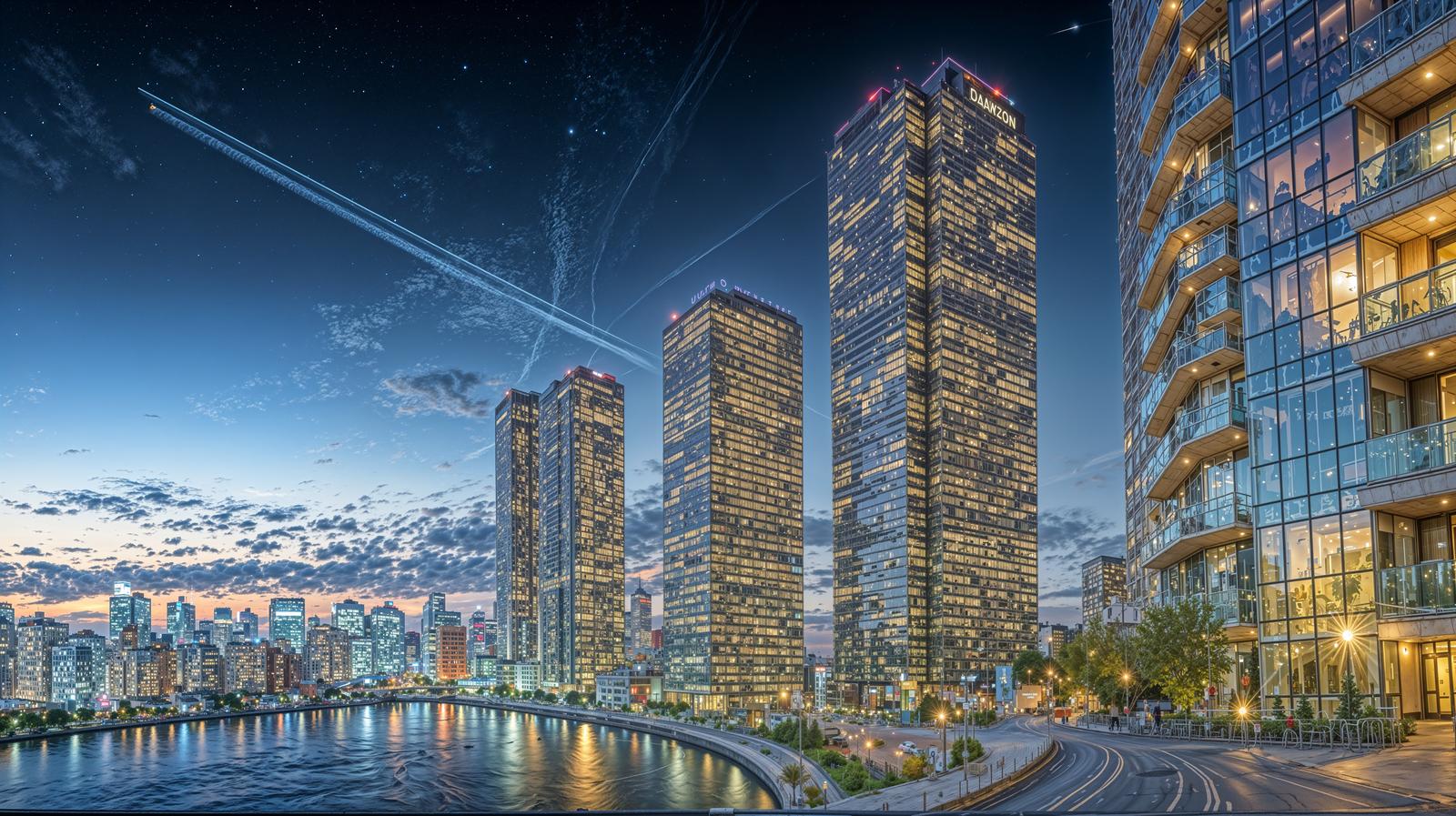 夕焼け空にオレンジ色の雲が広がる中、高層ビル群が立ち並ぶ大都市の風景