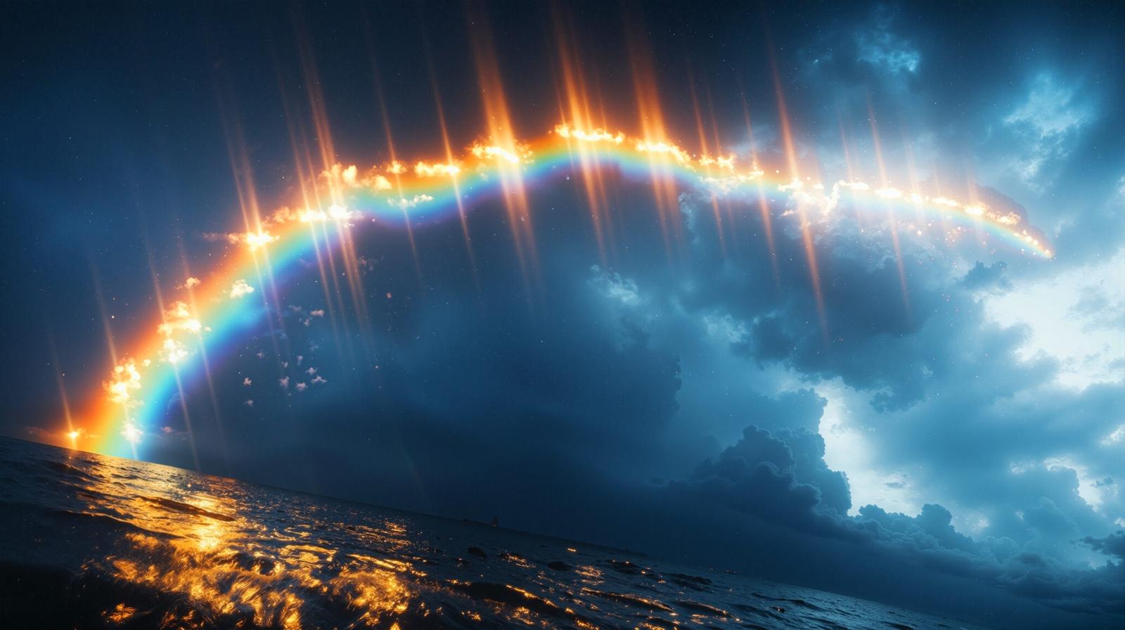夜空に虹と放射状の光の筋が現れ、海面に光が反射する風景