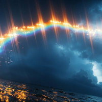 夜空に光る虹と光の筋が放射する幻想的な海上風景の写真