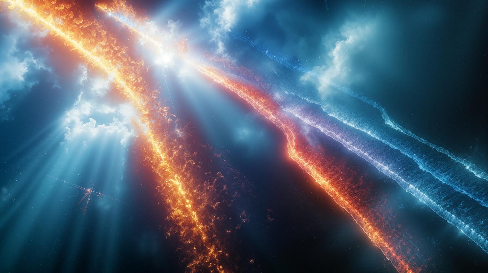 青い雲間からオレンジ色の光線が斜めに差し込む様子