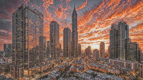 オレンジ色の夕焼けに映える都市の高層ビル群