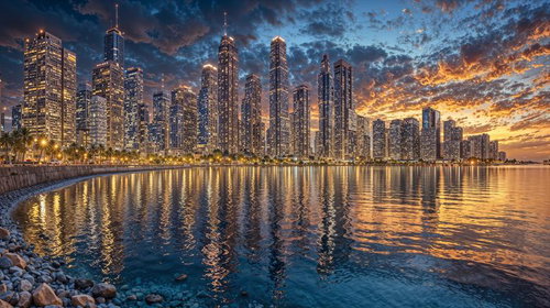 夕暮れの都市と水面に映る高層ビル群