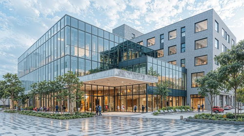 青空に映えるガラス張りのモダンな複合施設建築