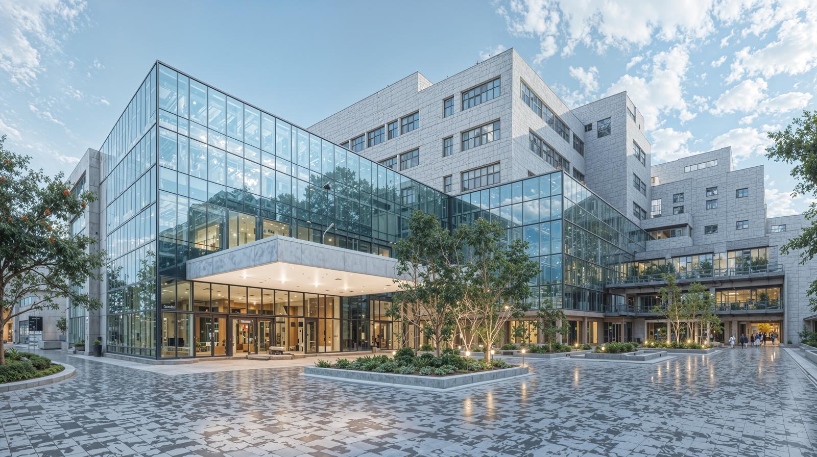 Modern multipurpose building with a glazed entrance facing a cobblestone plaza