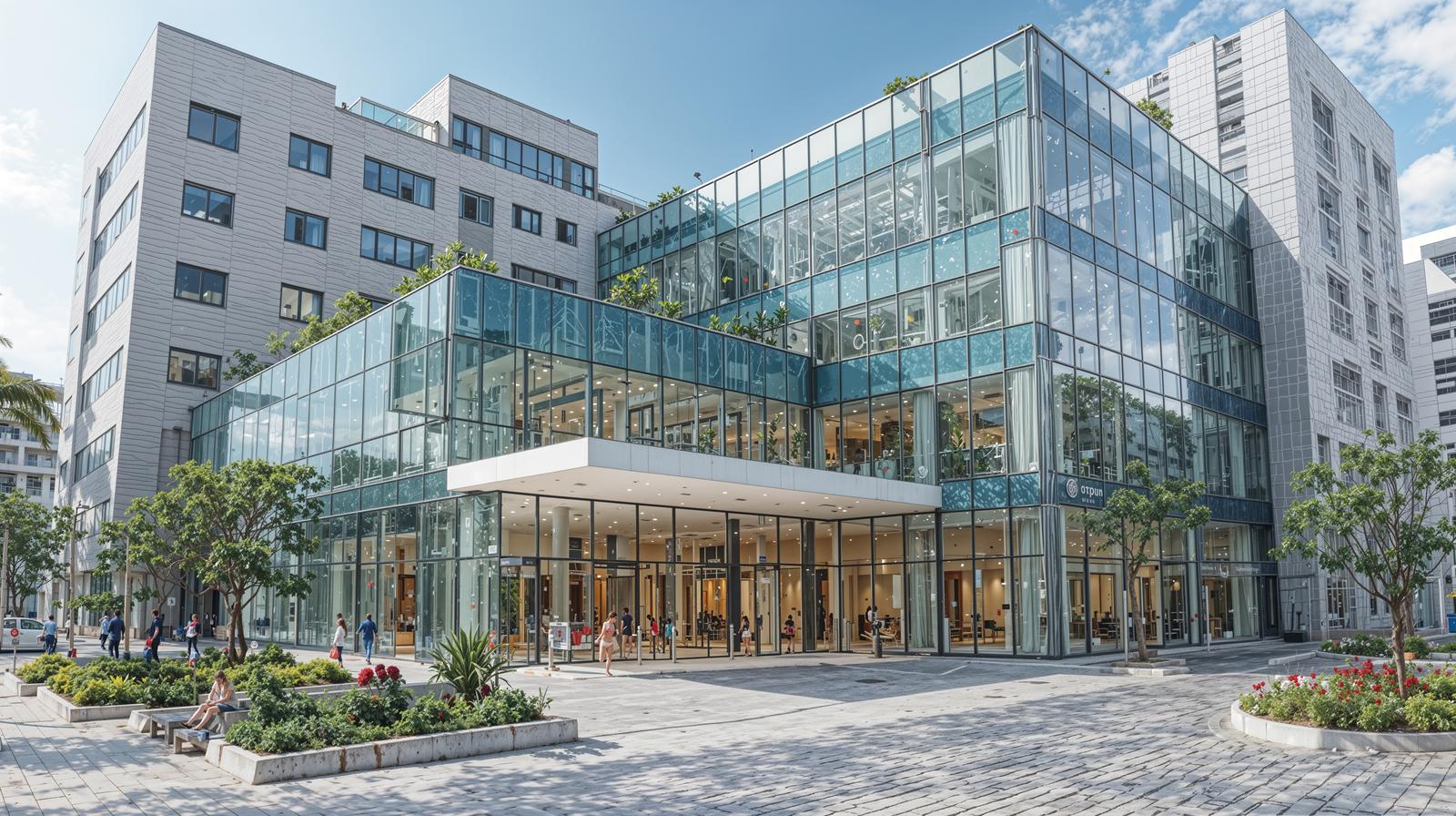 ガラス張りの現代的な複合施設のエントランス前広場