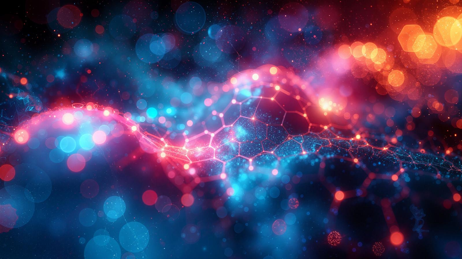 青とピンクの光の粒子が散らばる空間に白い線で結ばれたネットワーク構造