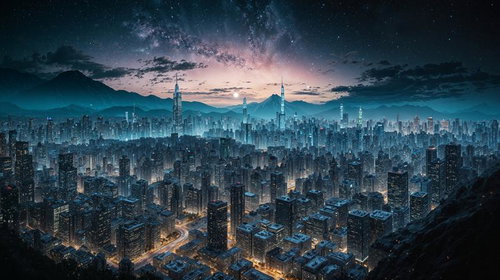 銀河系と星空が広がる夜間の高層ビル群と山々の俯瞰風景