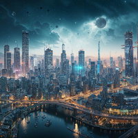 青い光に包まれた高層ビル群と惑星が浮かぶ未来都市夜景の写真